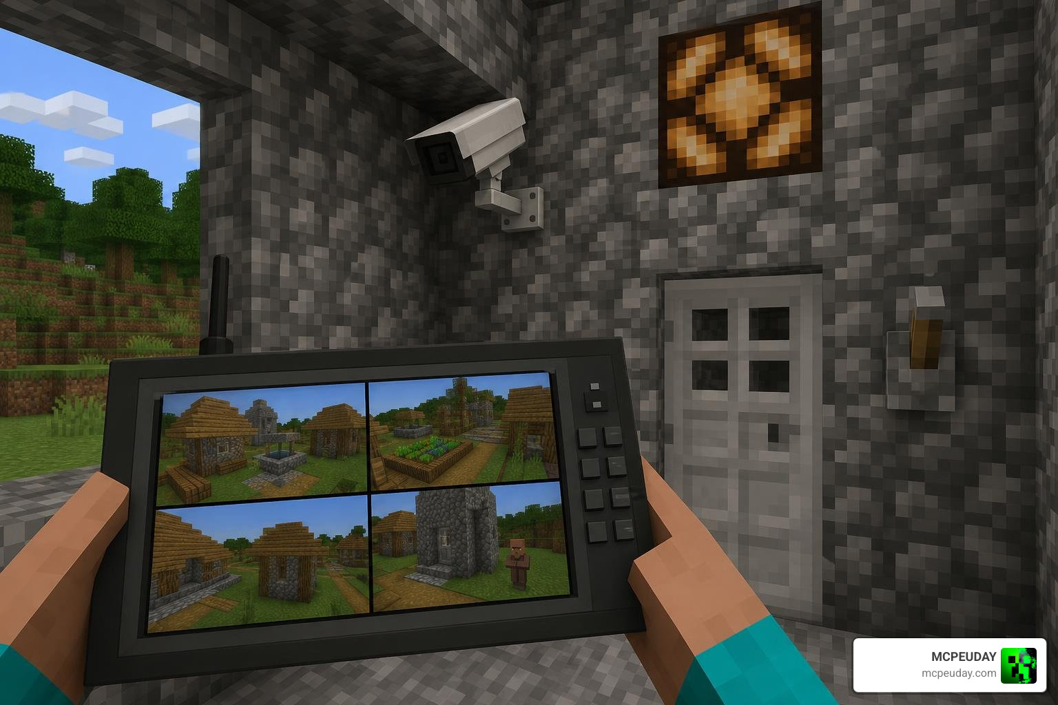 Interface of actual security cameras addon in MCPE showing camera monitor view Interface of actual security cameras addon in MCPE showing camera monitor view