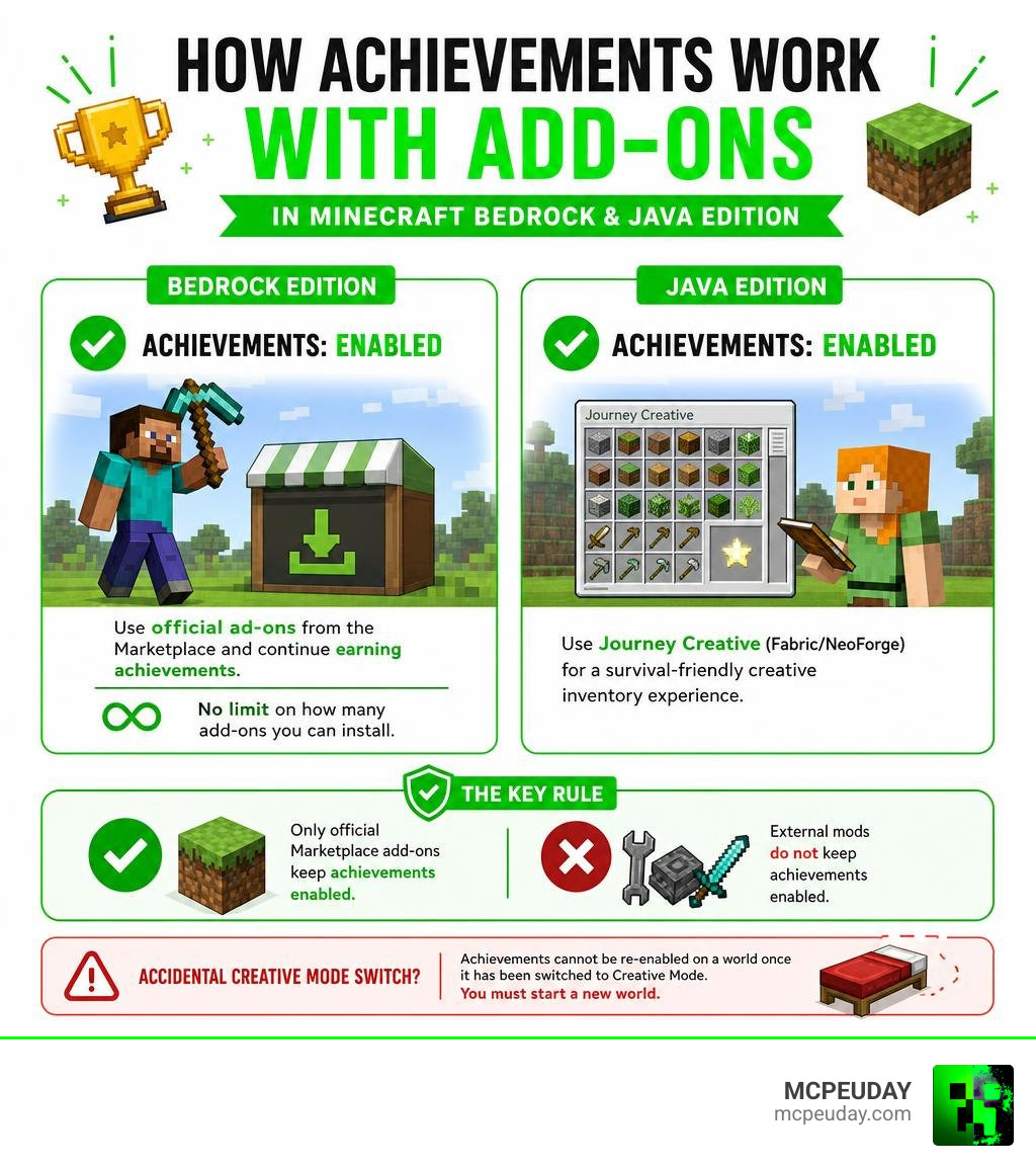 How achievements work with add-ons in Minecraft Bedrock and Java Edition infographic