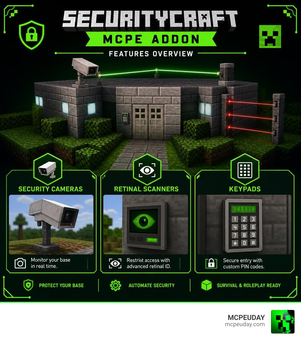 SecurityCraft MCPE addon features overview infographic security cameras retinal scanners keypads infographic SecurityCraft MCPE addon features overview infographic security cameras retinal scanners keypads infographic