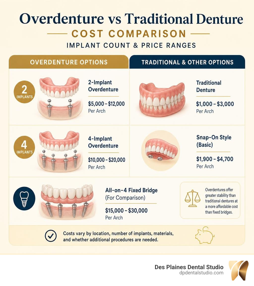Overdenture vs traditional denture cost comparison infographic with implant count and price ranges infographic
