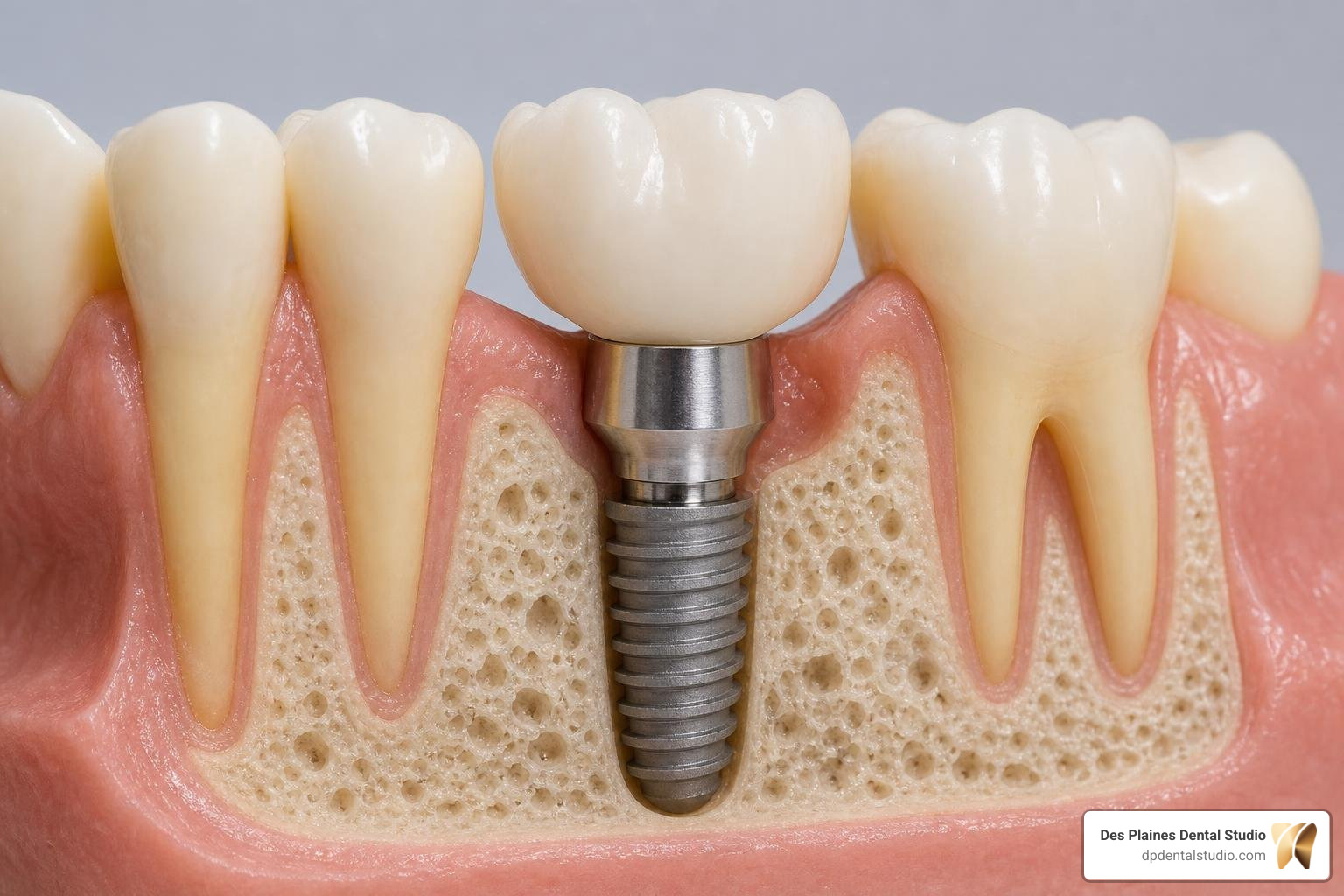 Dental implant structure showing titanium post, abutment, and temporary crown