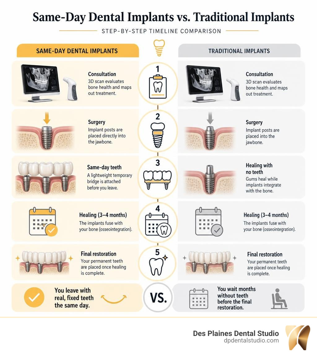 Timeline infographic comparing same-day dental implants vs traditional implants step by step infographic