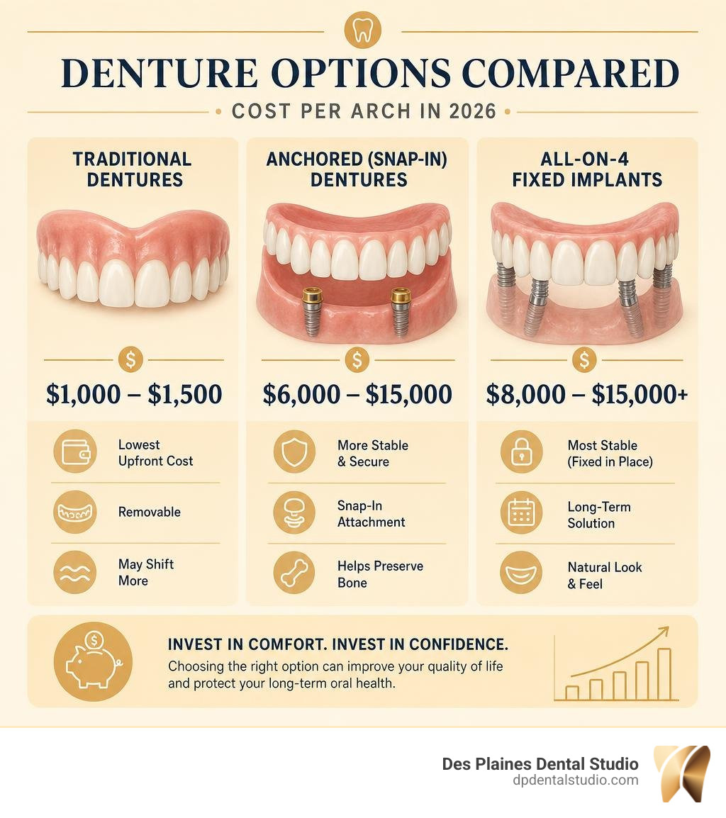 Infographic comparing anchored denture costs vs traditional dentures and All-on-4 per arch in 2026 infographic Infographic comparing anchored denture costs vs traditional dentures and All-on-4 per arch in 2026 infographic