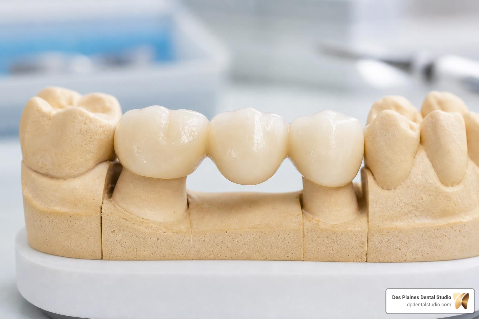 dental bridge model showing pontic and abutment crowns
