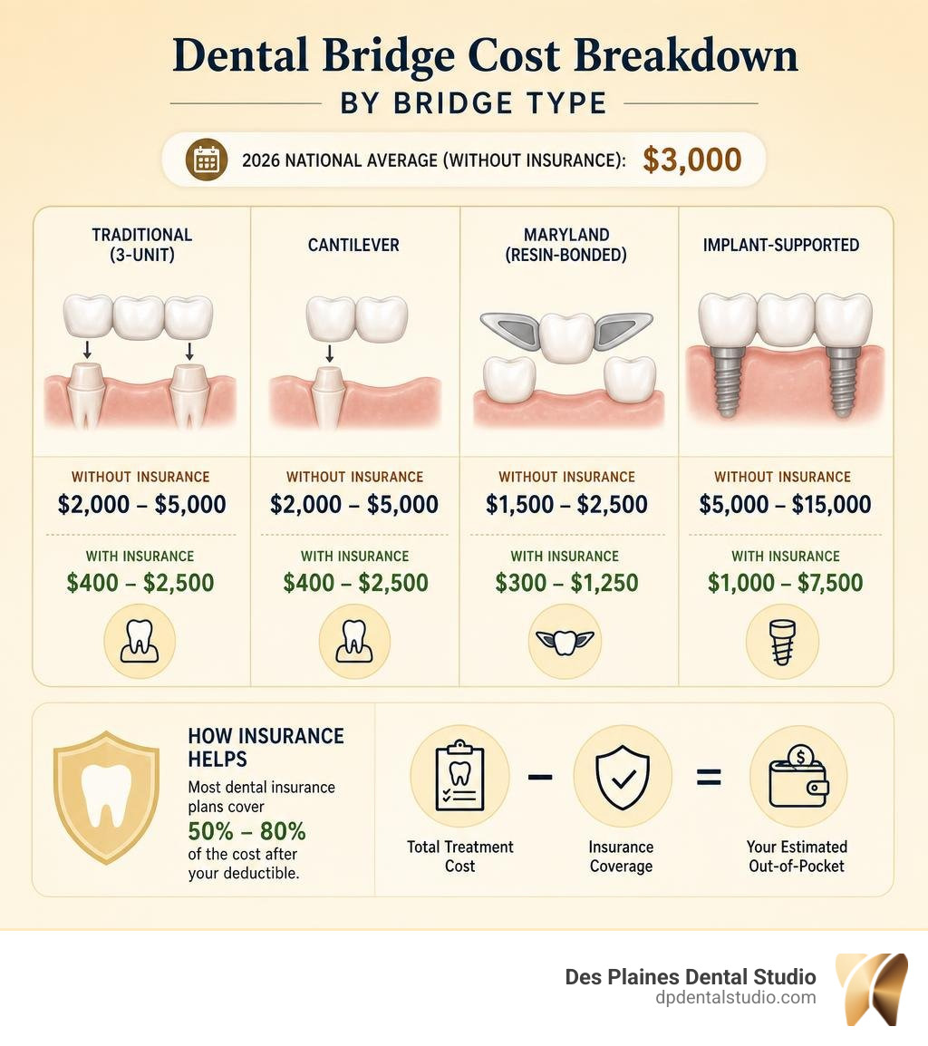 Dental bridge cost breakdown infographic by bridge type with and without insurance coverage infographic