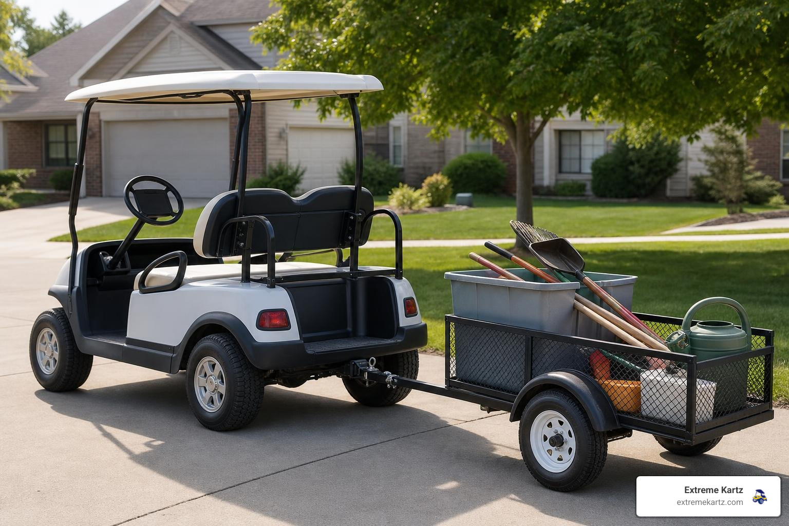 golf cart trailer hitch installed towing small utility trailer on driveway