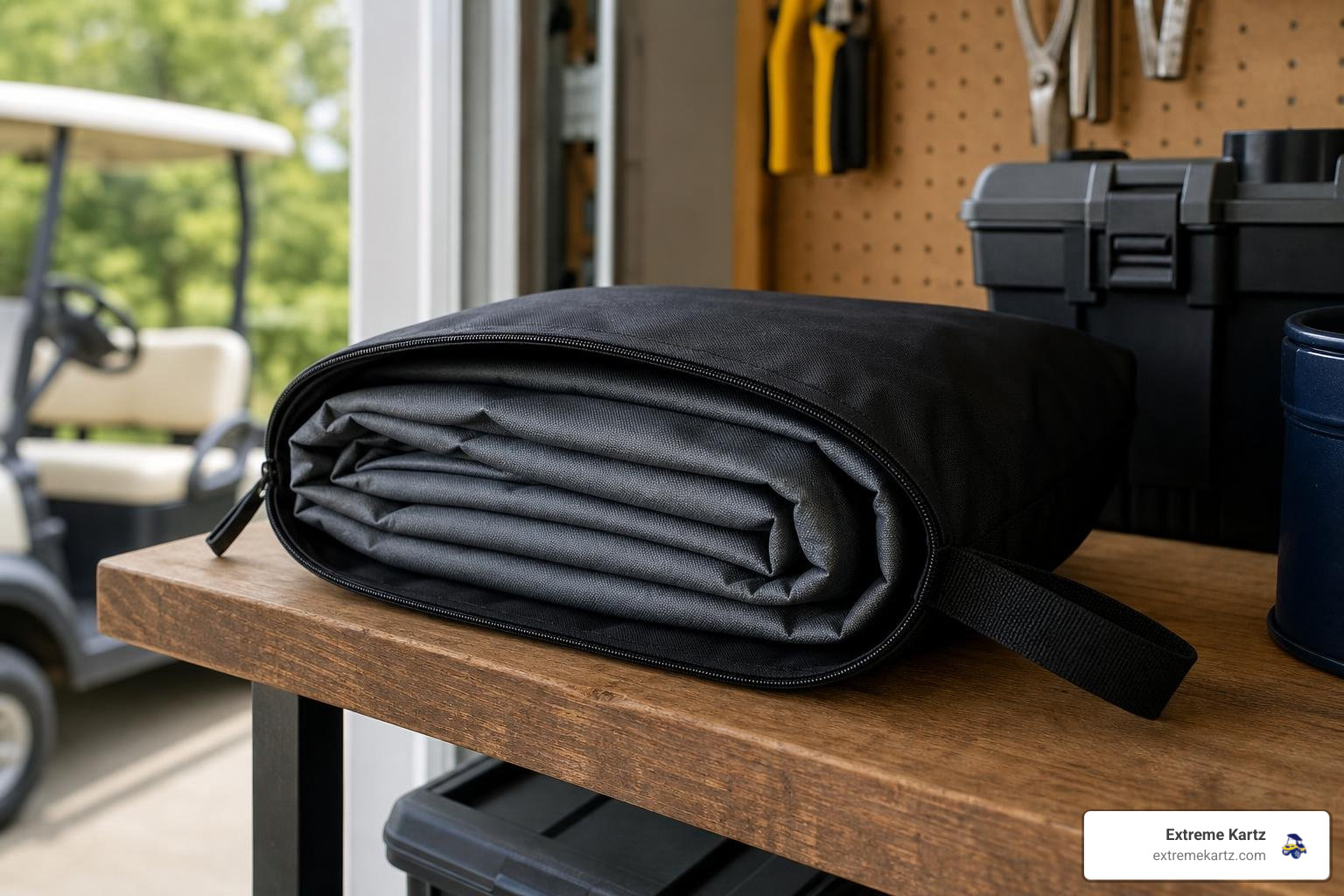 neatly folded golf cart rain cover packed inside its compact storage bag on a garage shelf