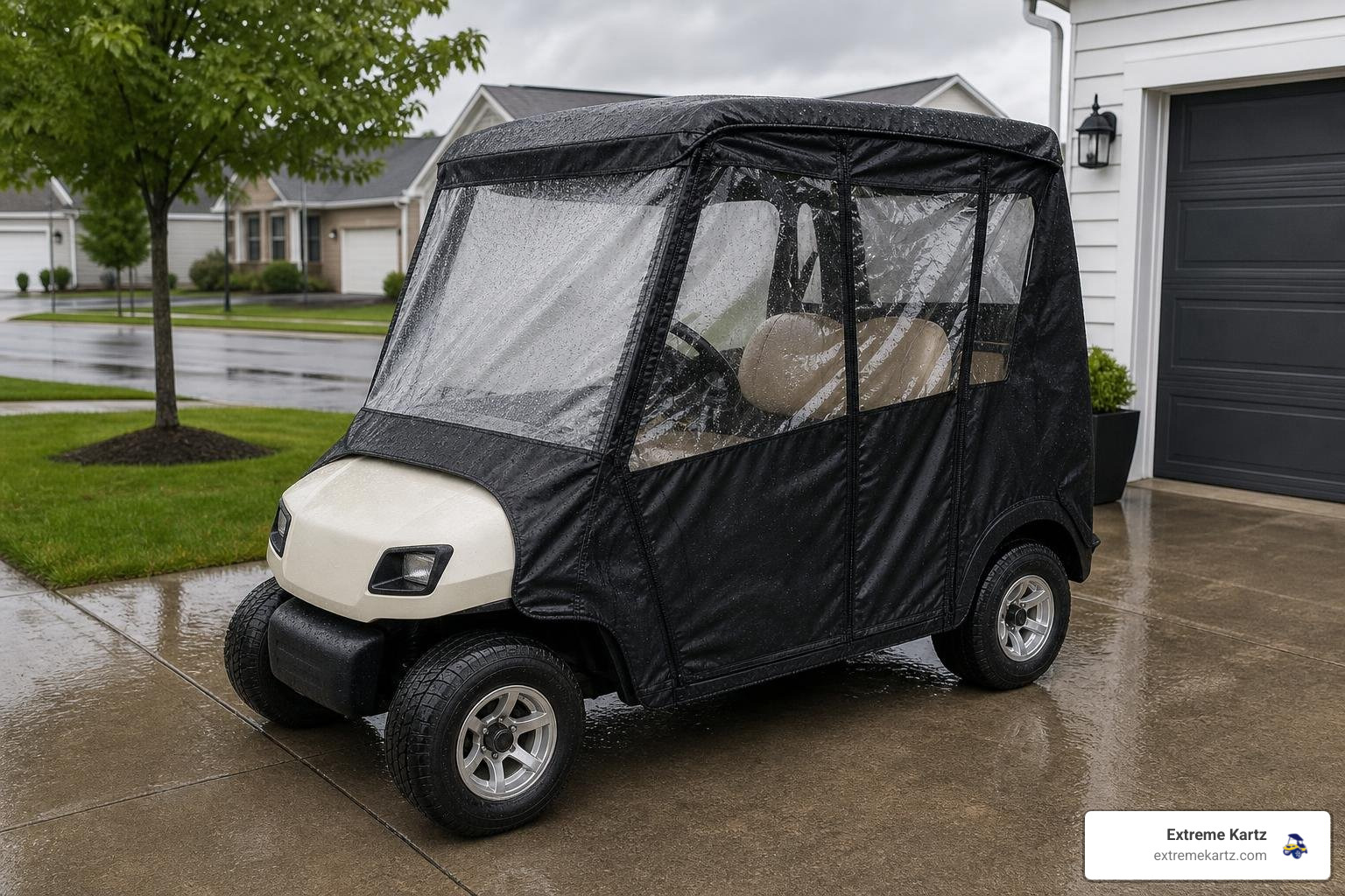 golf cart with rain cover in driveway, wet weather, realistic outdoor lighting
