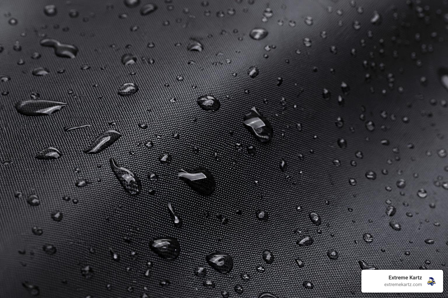 close-up of heavy-duty 600D Oxford fabric with water droplets pooling on the PU-coated surface