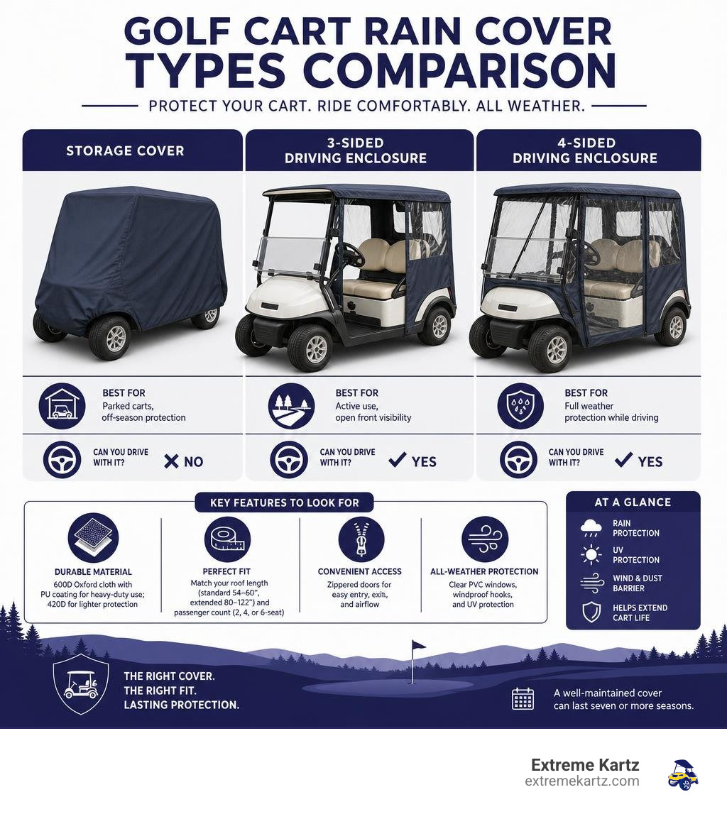 Golf cart rain cover types comparison: storage cover vs 3-sided vs 4-sided driving enclosure with key features infographic