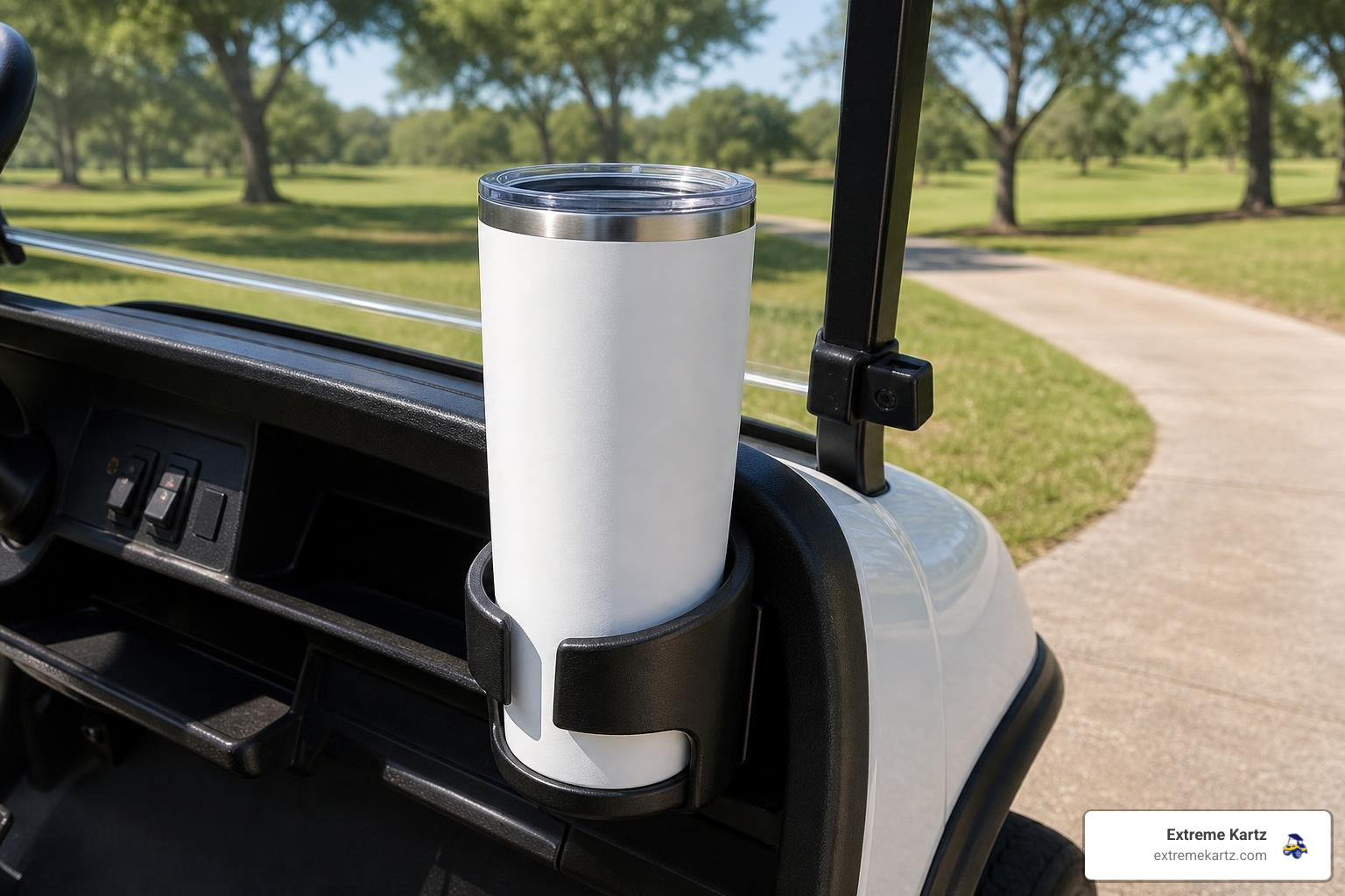 large stainless insulated tumbler seated in an oversized golf cart cup holder on the dashboard