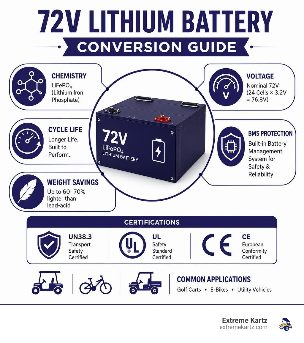 72V lithium battery conversion guide infographic: LiFePO4 chemistry, cycle life, weight savings, voltage, BMS, and