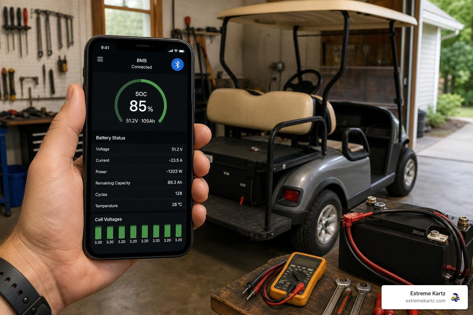 Smart BMS with Bluetooth monitoring display on a smartphone in a golf cart garage