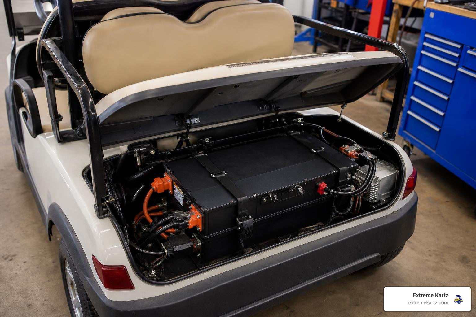 72v lithium battery in a golf cart engine bay, realistic shop lighting