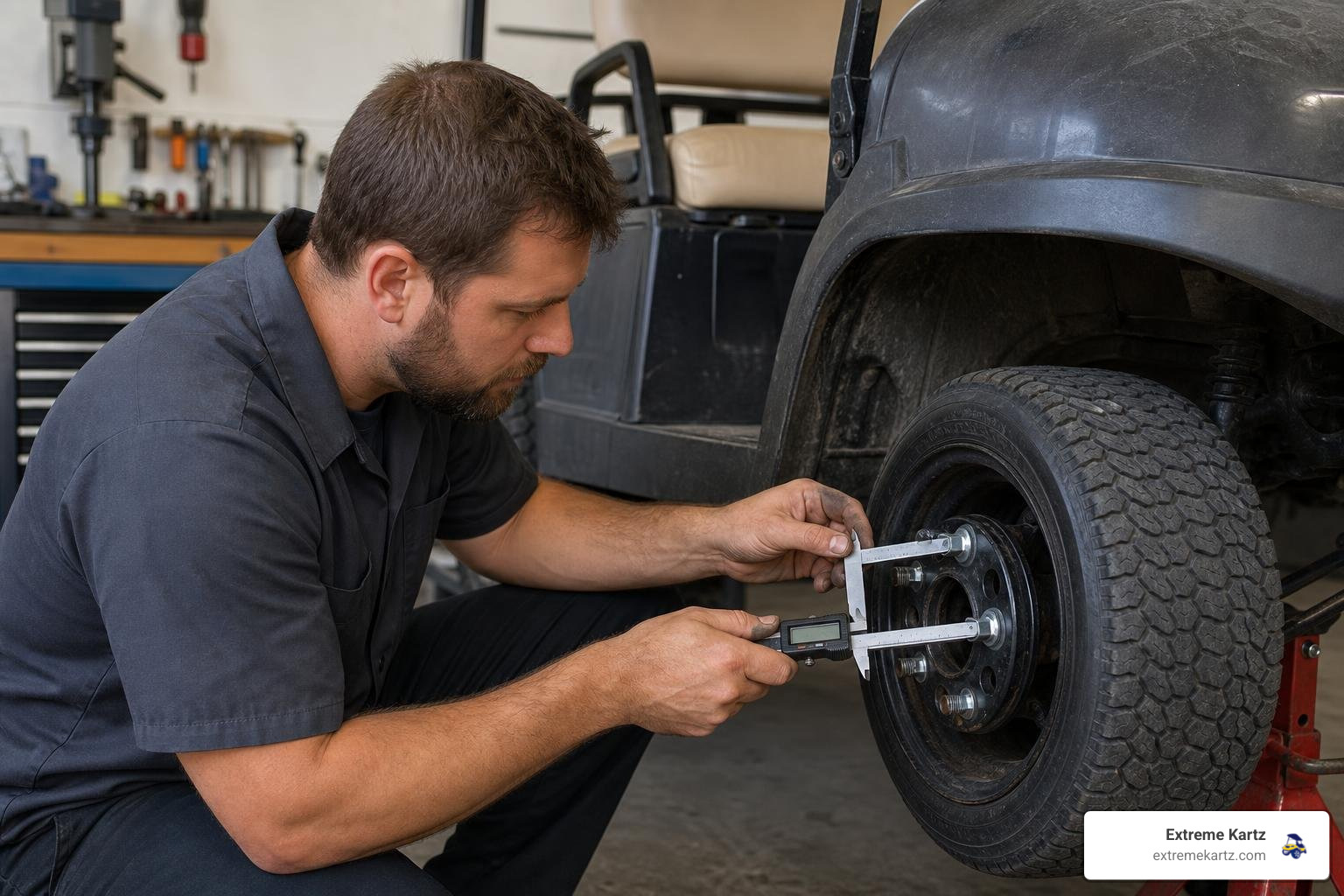 mechanic measuring golf cart wheel hub with a digital caliper