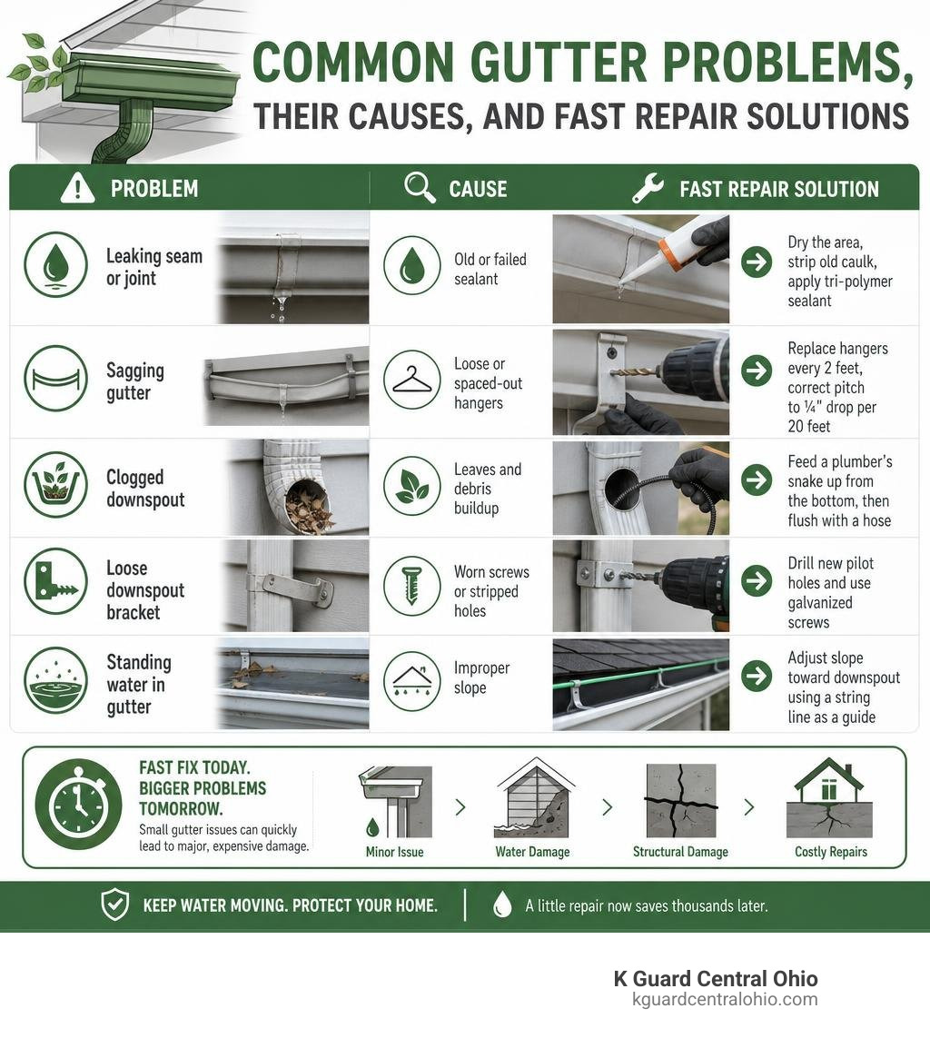 Common gutter problems, their causes, and fast repair solutions infographic infographic