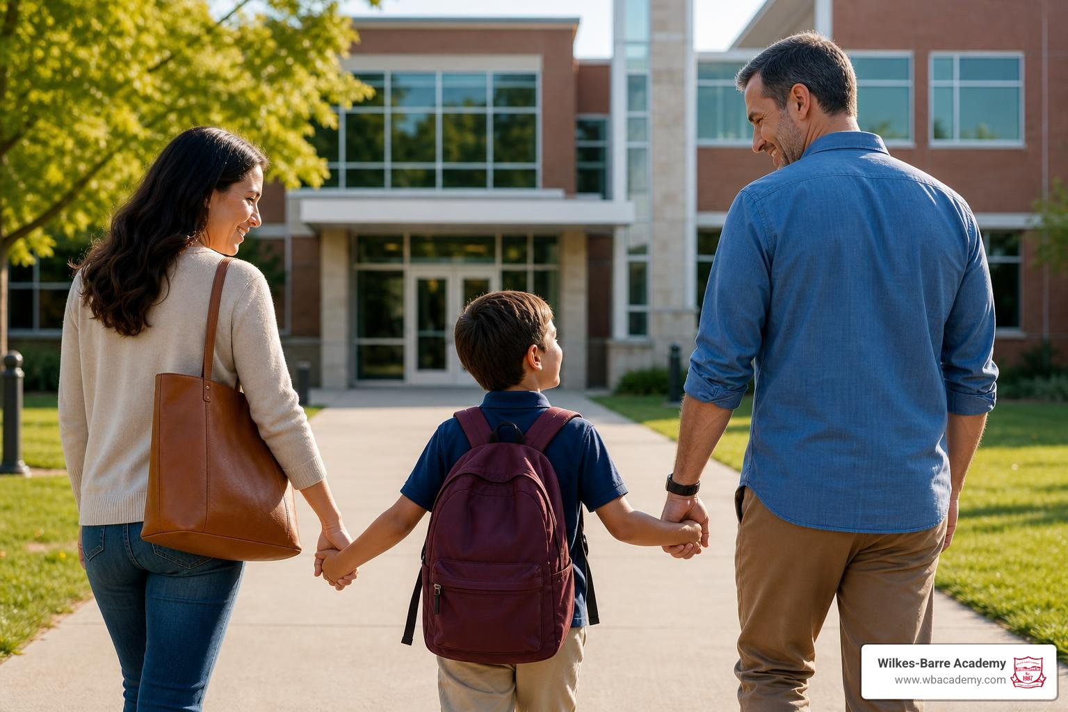 Parents and a child touring a school campus Parents and a child touring a school campus