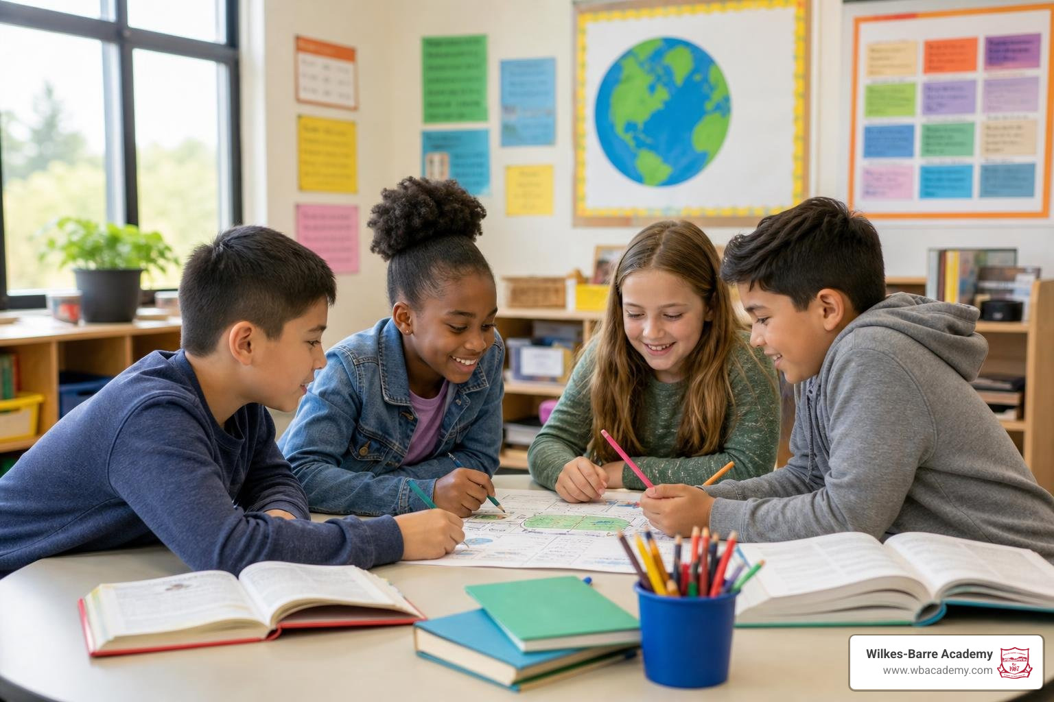 Students collaborating in a small classroom setting Students collaborating in a small classroom setting