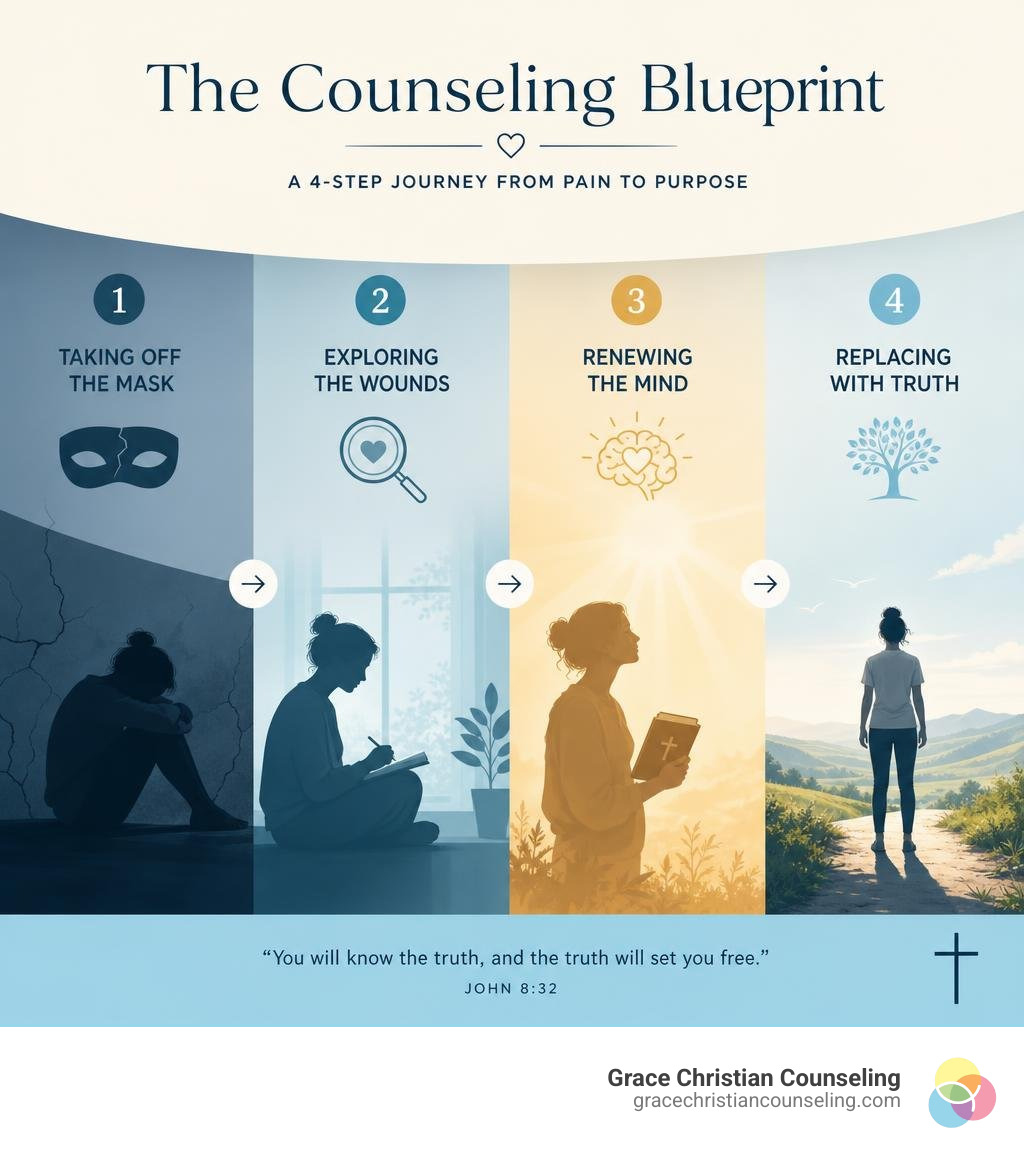 Diagram of the four-stage Counseling Blueprint showing the progression from Taking Off the Mask to Replacing with Truth