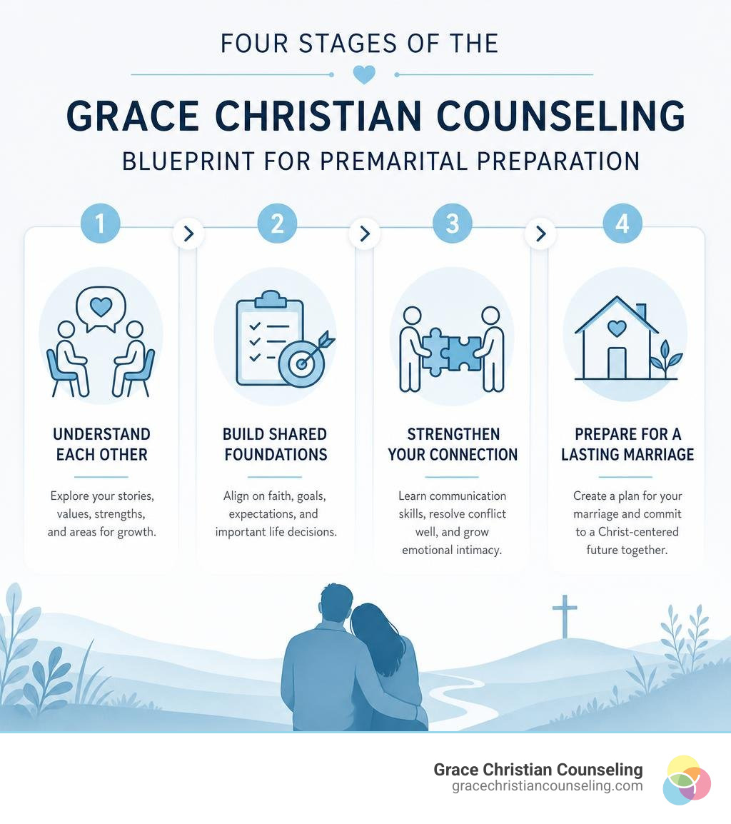 Four stages of the Grace Christian Counseling Blueprint for premarital preparation infographic