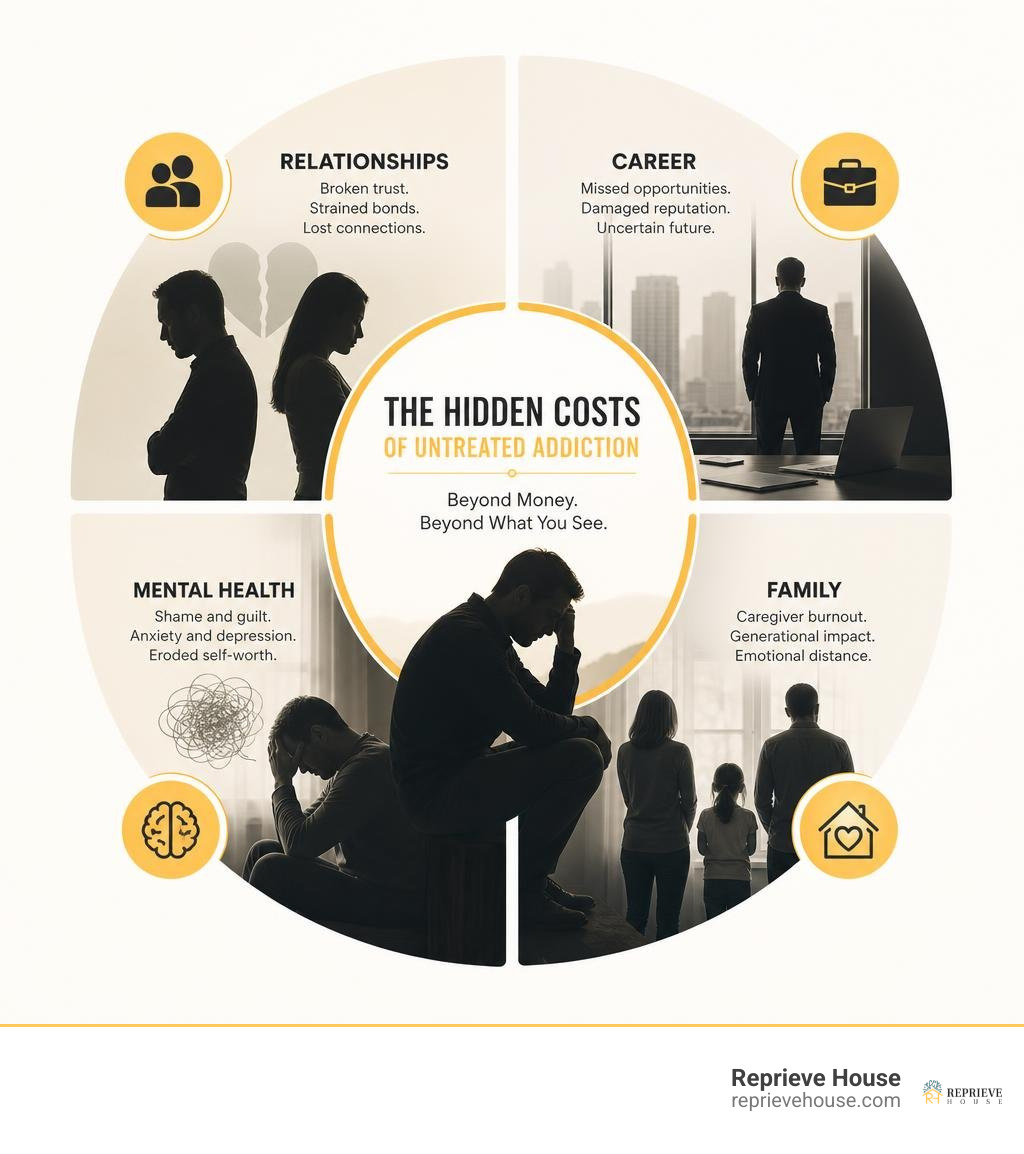 infographic showing the holistic non-monetary impact of untreated addiction across relationships, career, mental health, and