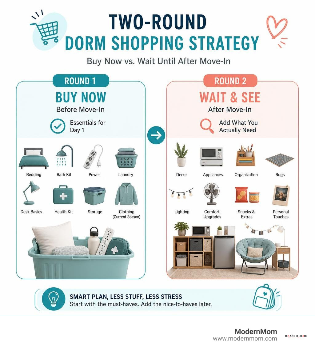 Two-Round dorm shopping strategy infographic: buy now vs. wait until after move-in infographic Two-Round dorm shopping strategy infographic: buy now vs. wait until after move-in infographic