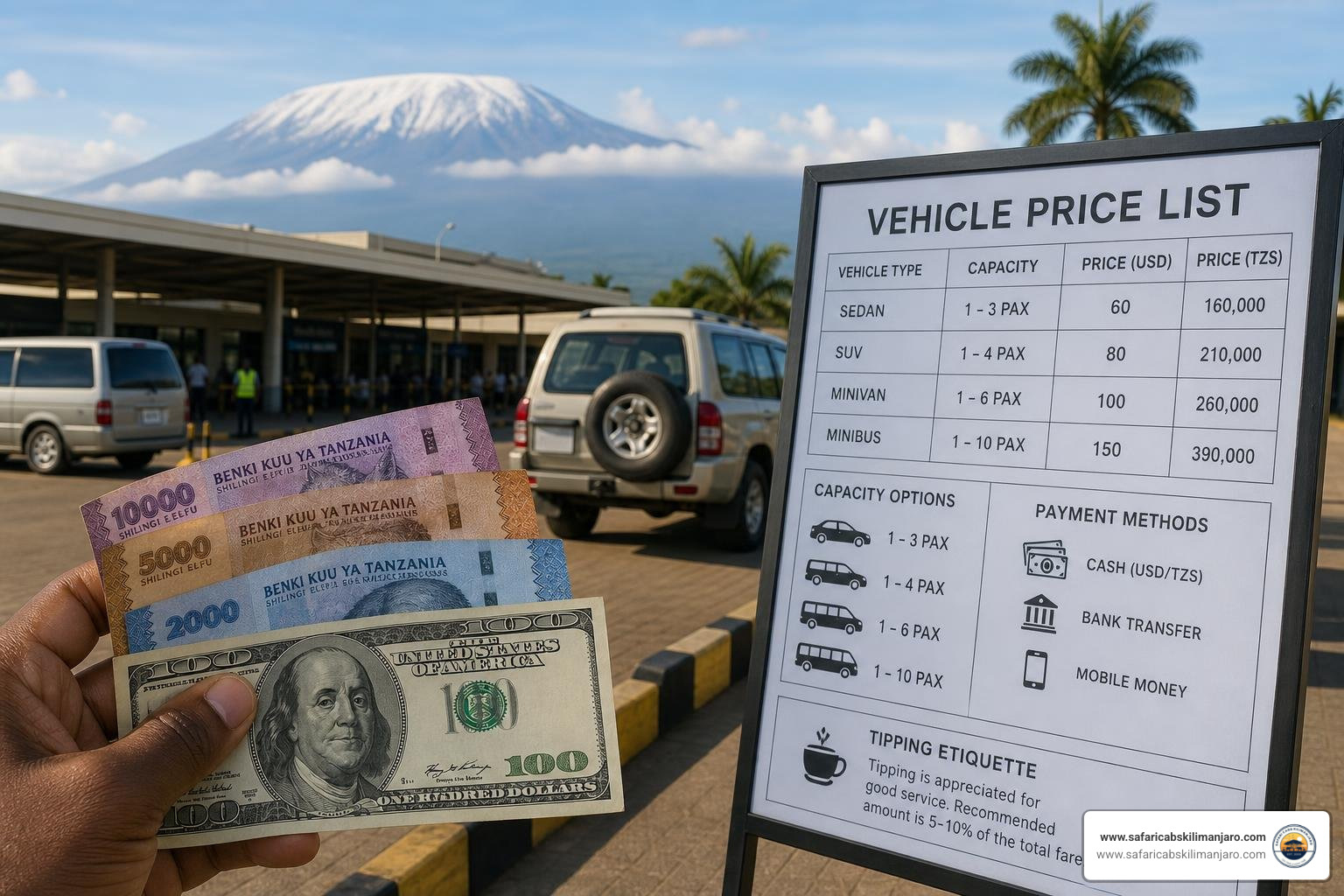 Tanzanian Shillings and US Dollars pricing factors vehicle capacity payment methods tipping etiquette Tanzanian Shillings and US Dollars pricing factors vehicle capacity payment methods tipping etiquette