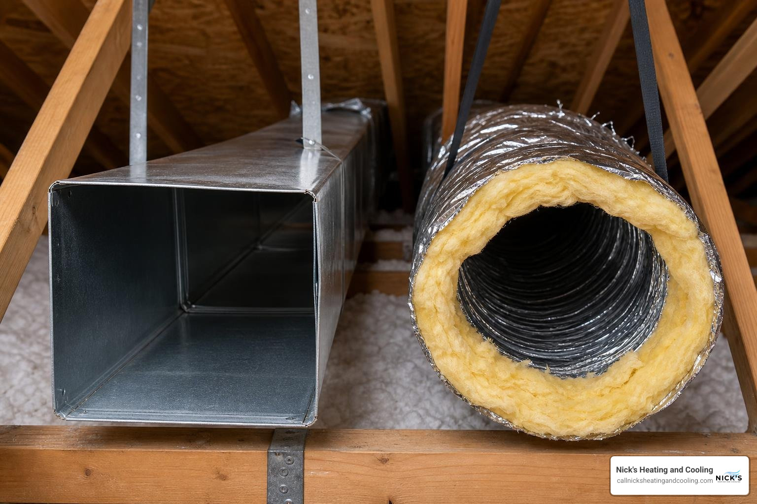 Cross-section comparison of rigid sheet metal versus insulated flexible ductwork Cross-section comparison of rigid sheet metal versus insulated flexible ductwork