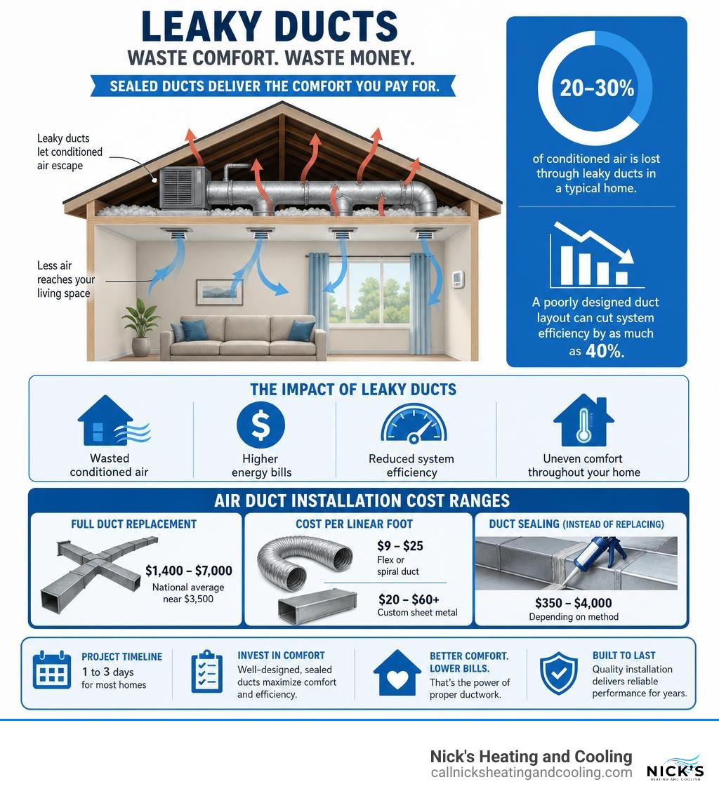 Infographic showing how leaky ducts waste conditioned air, energy costs, and key installation cost ranges infographic Infographic showing how leaky ducts waste conditioned air, energy costs, and key installation cost ranges infographic