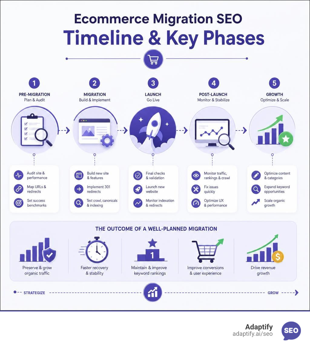 Ecommerce migration SEO timeline and key phases infographic infographic