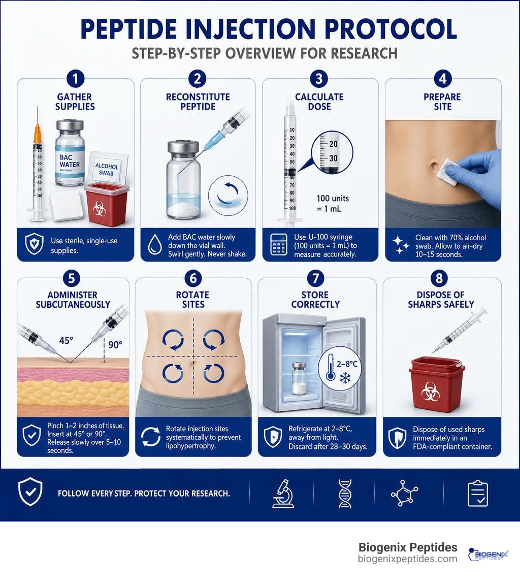 Step-by-step peptide administration protocol overview for research: supplies, reconstitution, administration, storage infographic