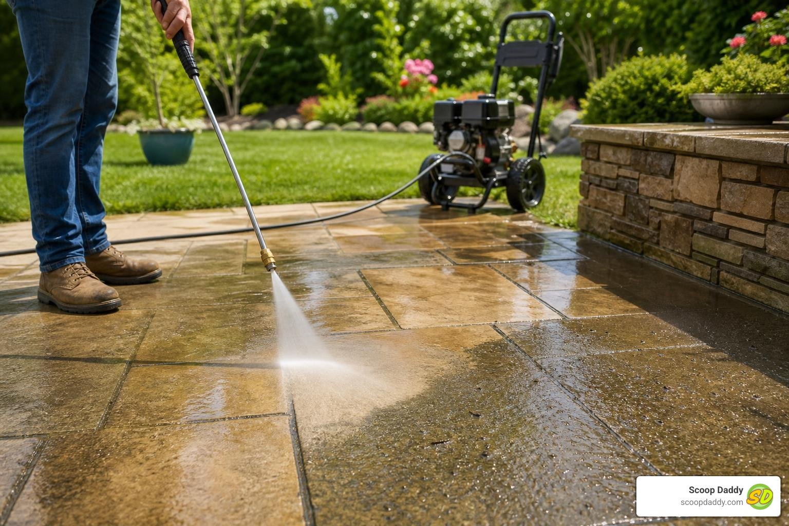 pressure washer cleaning a stone patio