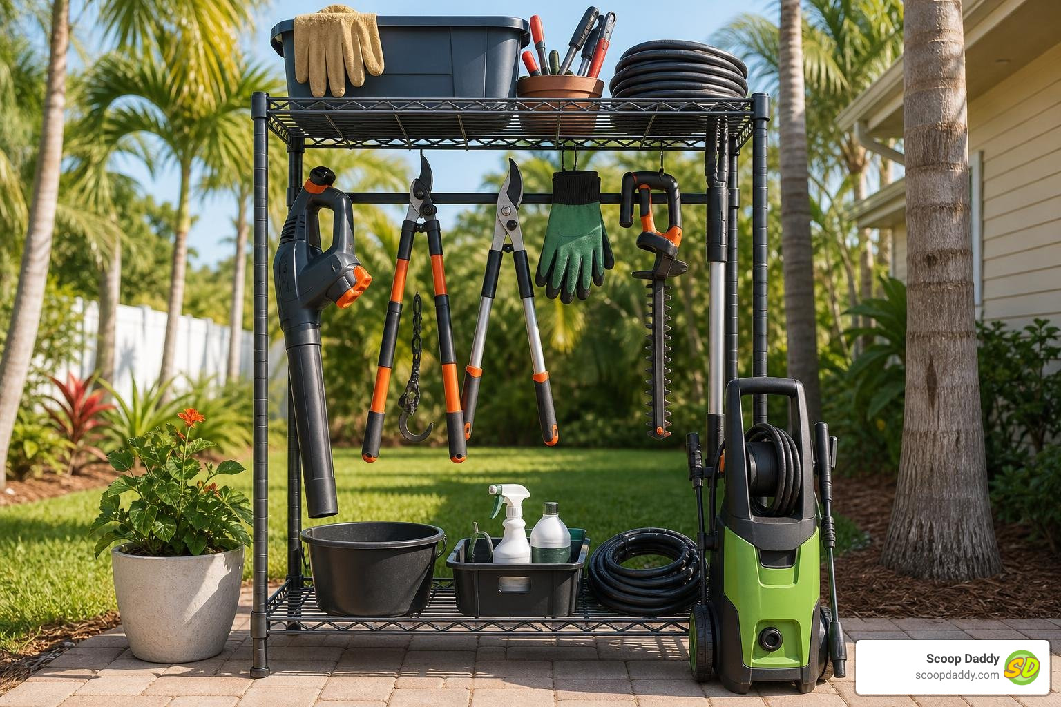 essential gardening and cleaning tools organized on a rack