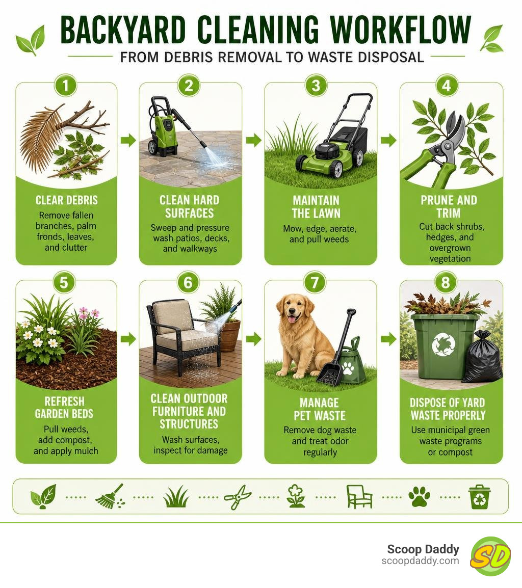 Step-by-step backyard cleaning workflow from debris removal to waste disposal infographic