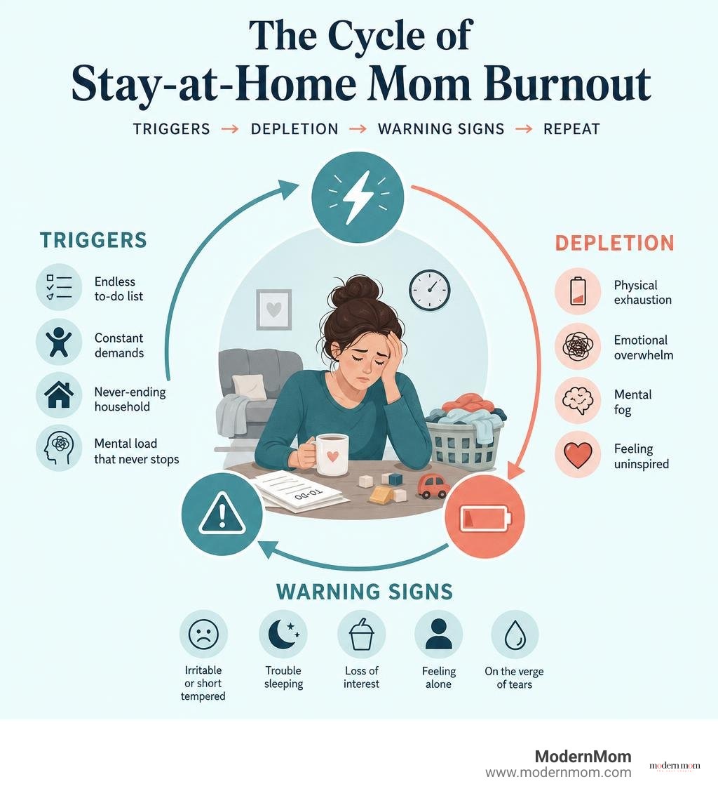cycle of stay-at-home mom burnout showing triggers, depletion, and warning signs infographic cycle of stay-at-home mom burnout showing triggers, depletion, and warning signs infographic