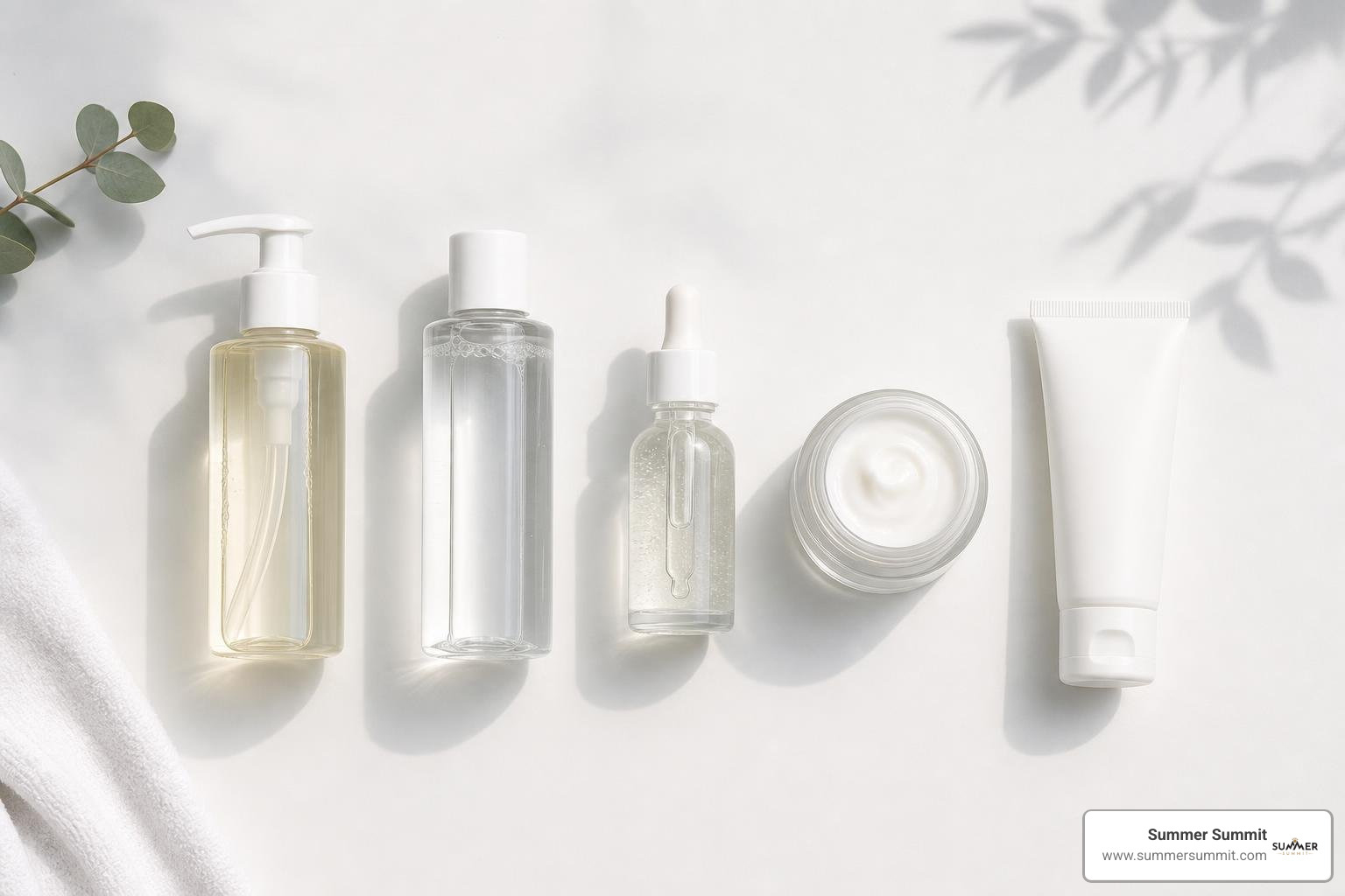 A step-by-step skincare routine diagram: Cleanse, Tone, Treat, Moisturize, Protect