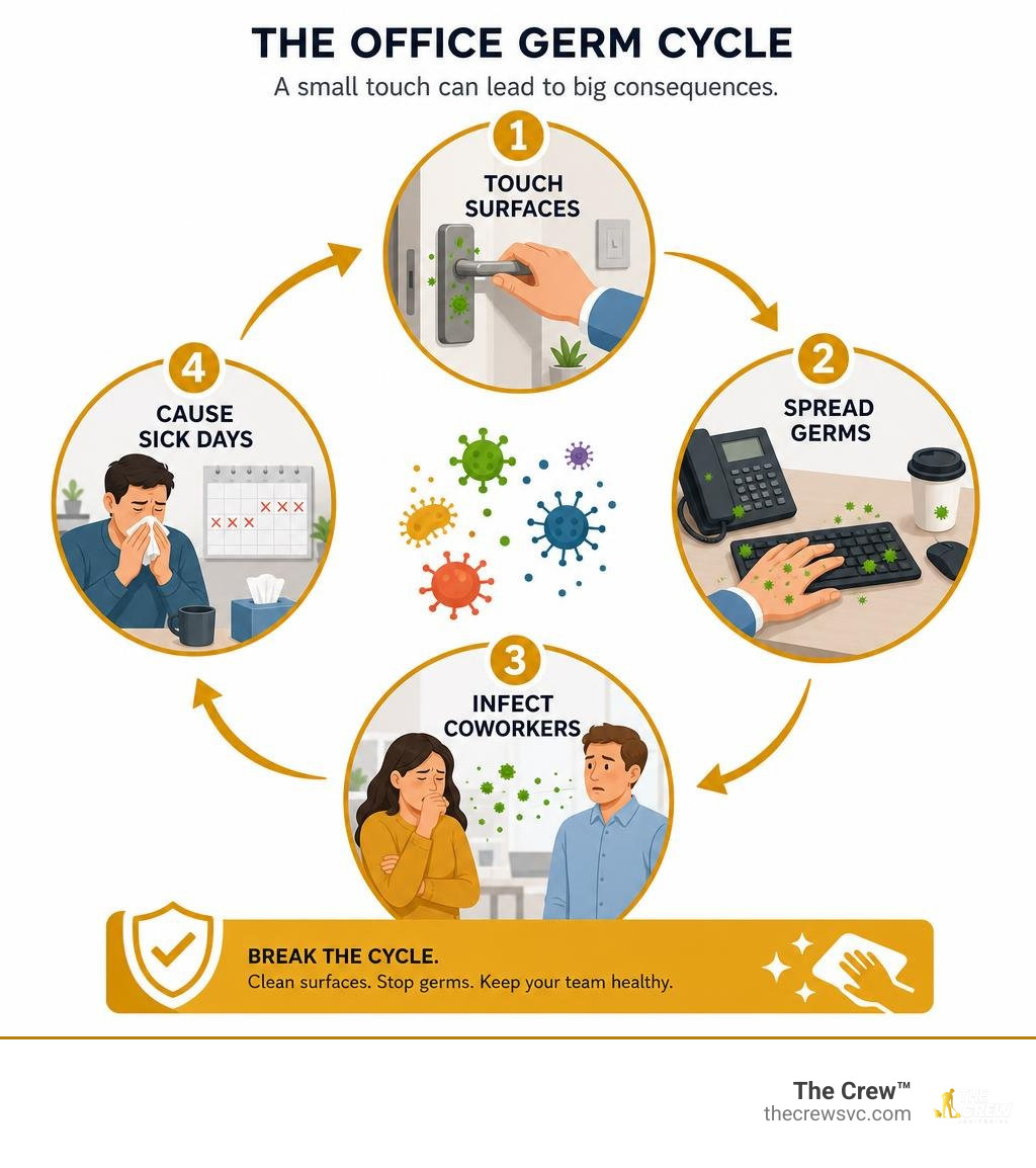 Office germ transmission cycle infographic: touch surfaces, spread germs, infect coworkers, cause sick days infographic Office germ transmission cycle infographic: touch surfaces, spread germs, infect coworkers, cause sick days infographic