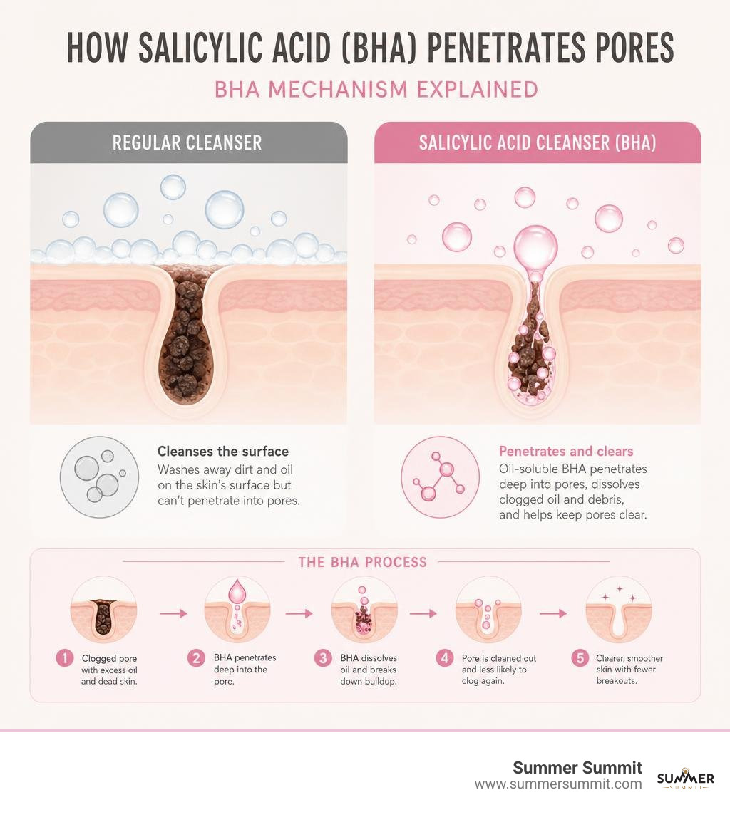 how salicylic acid penetrates pores compared to regular cleansers, BHA mechanism infographic infographic