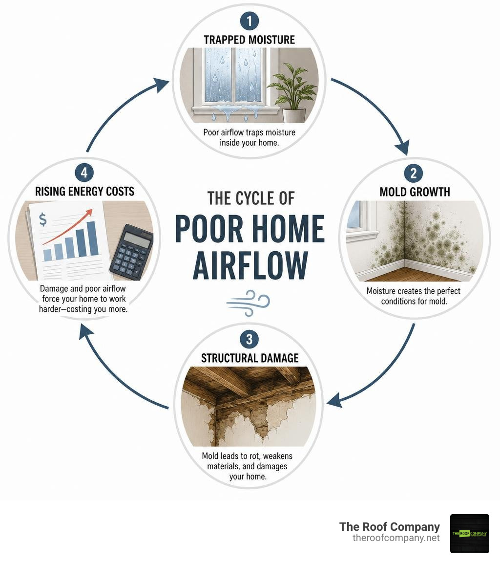 Cycle of poor home airflow showing trapped moisture, mold growth, structural damage, and rising energy costs infographic