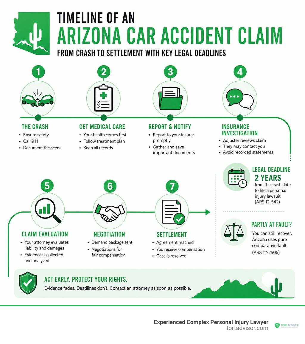 Timeline of an Arizona car accident claim from crash to settlement with key legal deadlines infographic Timeline of an Arizona car accident claim from crash to settlement with key legal deadlines infographic