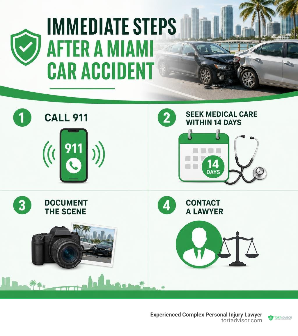 Infographic showing immediate steps after a Miami car accident including call 911, seek medical care within 14 days Infographic showing immediate steps after a Miami car accident including call 911, seek medical care within 14 days