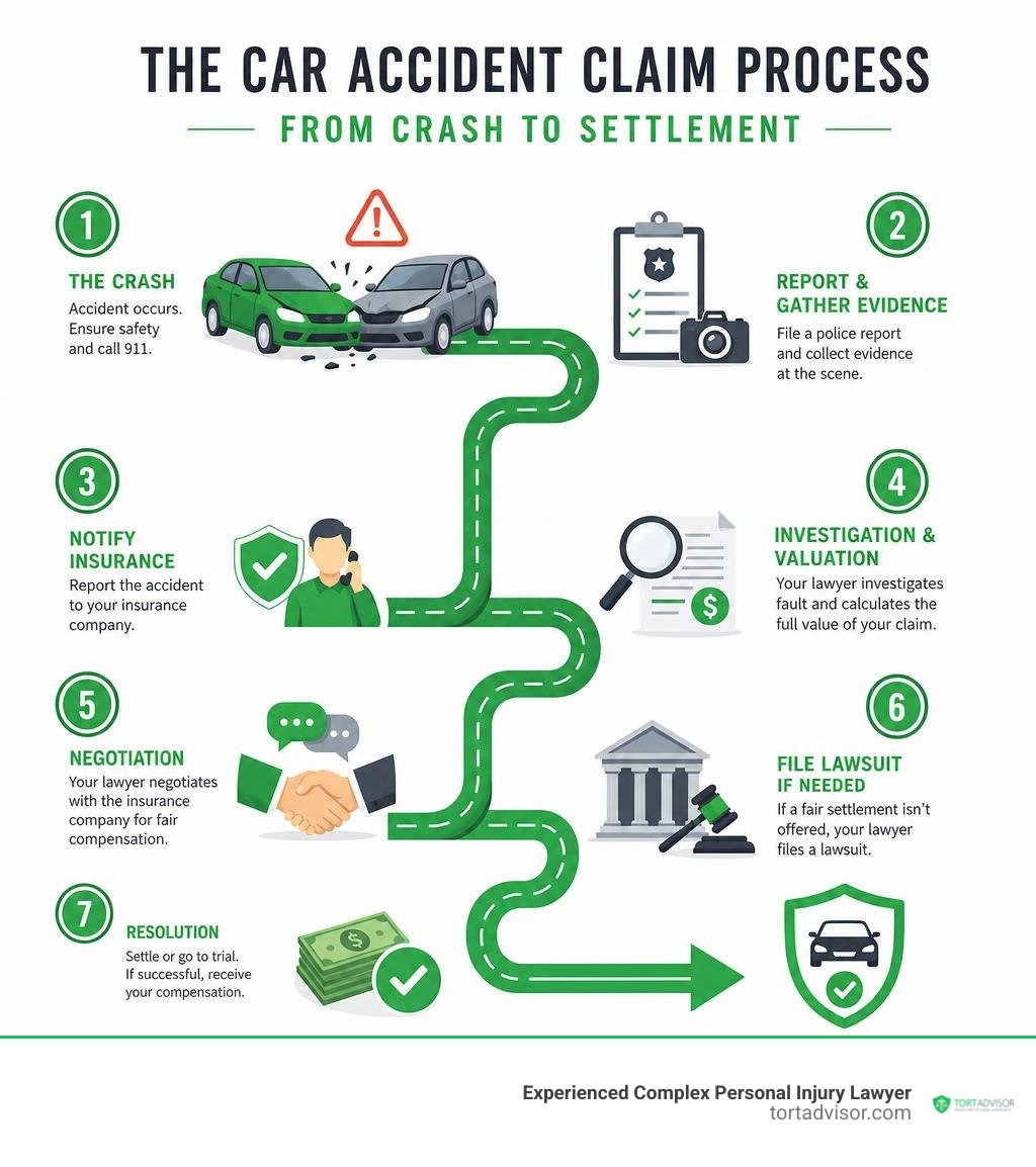 Step-by-step car accident claim process infographic from crash to settlement infographic Step-by-step car accident claim process infographic from crash to settlement infographic
