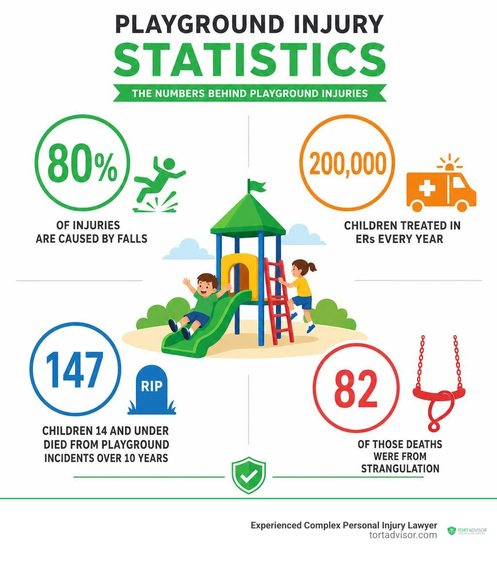 Playground injury statistics infographic: falls 80%, ER visits 200000 per year, deaths 147 over 10 years, strangulation 82 Playground injury statistics infographic: falls 80%, ER visits 200000 per year, deaths 147 over 10 years, strangulation 82