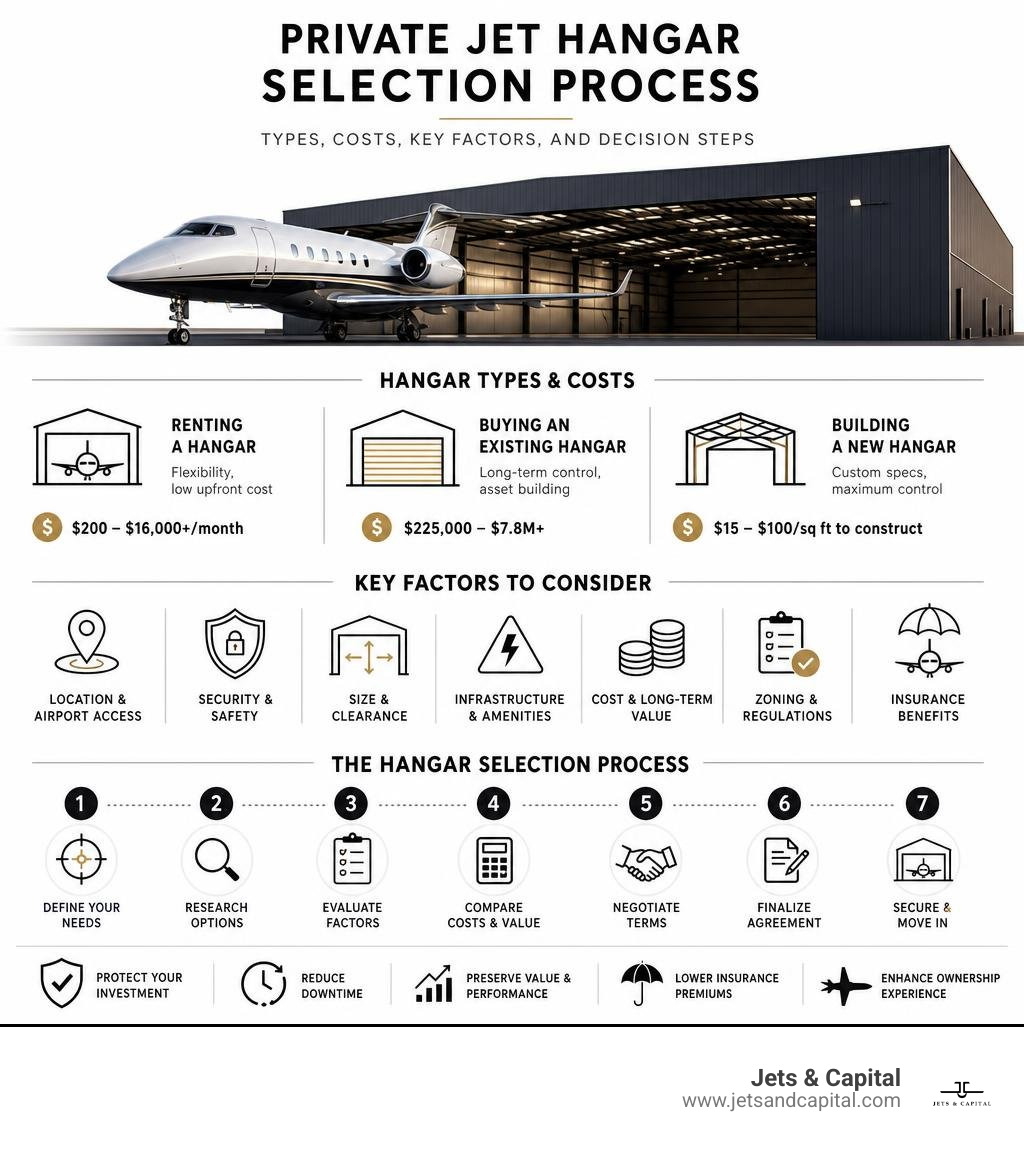 Private jet hangar selection process: types, costs, key factors, and decision steps infographic Private jet hangar selection process: types, costs, key factors, and decision steps infographic