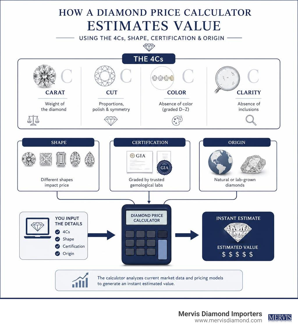 Infographic: how a diamond price calculator estimates value using the 4Cs, shape, certification, and origin infographic