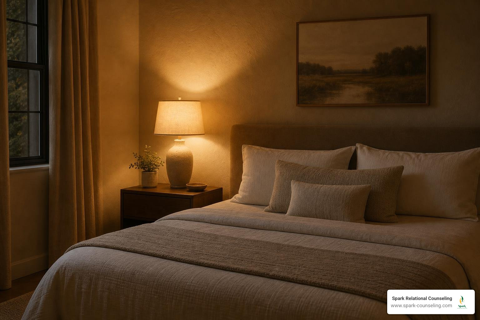 serene dimly lit bedroom in warm amber tones serene dimly lit bedroom in warm amber tones