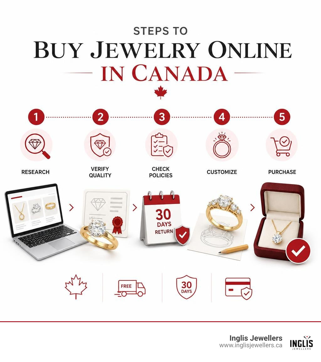 Steps to buy jewelry online in Canada: research, verify quality, check policies, customize, purchase infographic Steps to buy jewelry online in Canada: research, verify quality, check policies, customize, purchase infographic