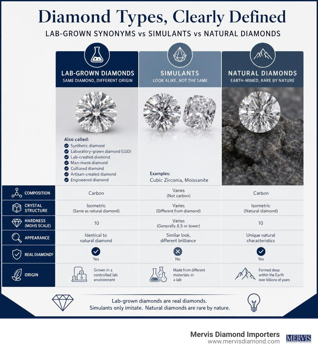 Infographic comparing lab-grown diamond synonyms vs simulants vs natural diamonds with key differences infographic Infographic comparing lab-grown diamond synonyms vs simulants vs natural diamonds with key differences infographic
