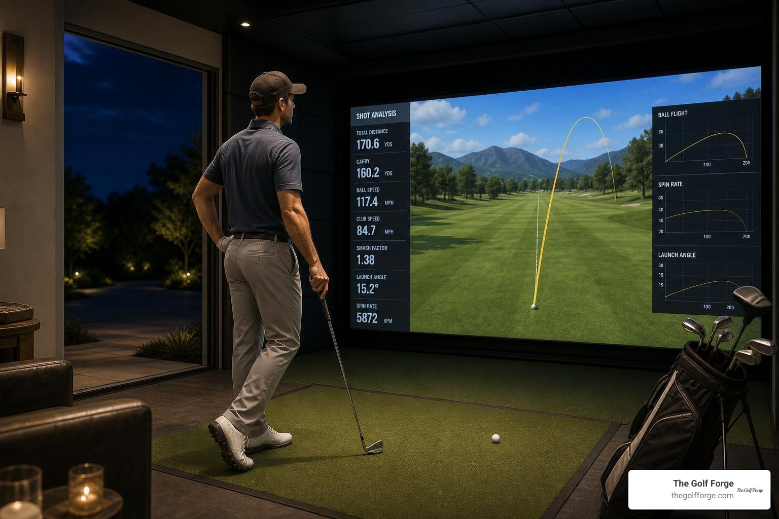 Golfer analyzing swing data on a screen in a private bay Golfer analyzing swing data on a screen in a private bay