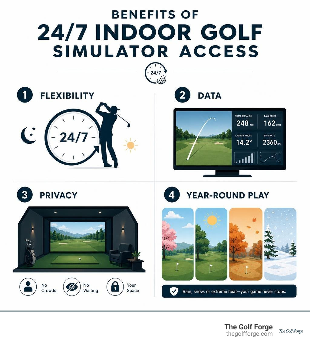 Benefits of 24/7 indoor golf simulator access: flexibility, data, privacy, year-round play infographic Benefits of 24/7 indoor golf simulator access: flexibility, data, privacy, year-round play infographic